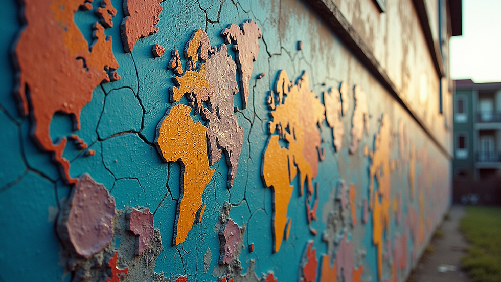 Eye-level view of a sprawling mural covering a cracked wall