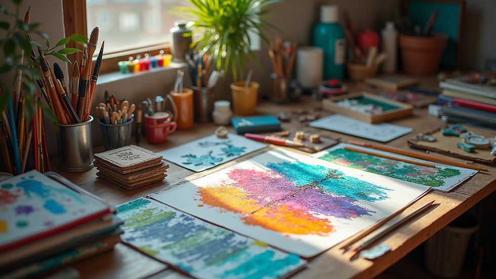High angle view of a vibrant art studio filled with supplies