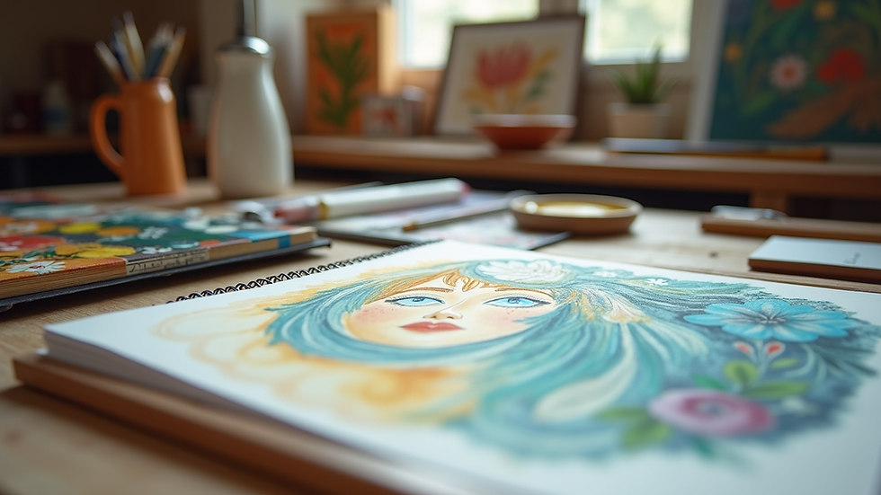 Eye-level view of a cozy art corner with colorful sketches and materials