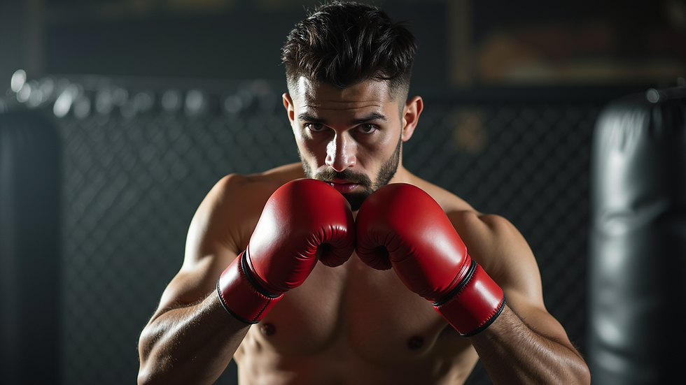 Eye-level view of a fighter in a focused stance