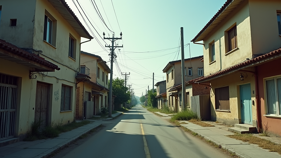 High angle view of a quiet, empty street lined with abandoned buildings