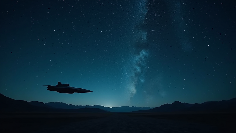 Eye-level view of a starry night sky with a spaceship silhouette
