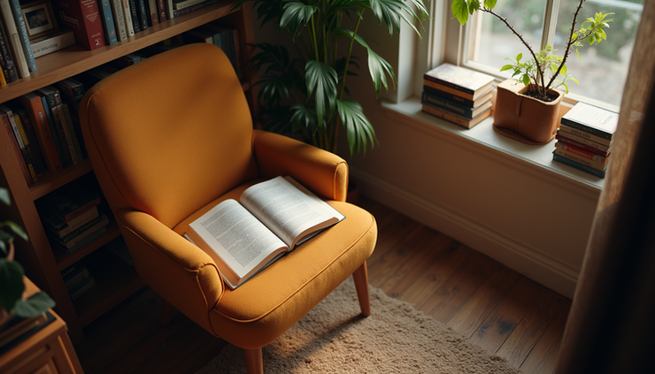 High angle view of a cozy reading nook with a comfortable chair and a stack of books