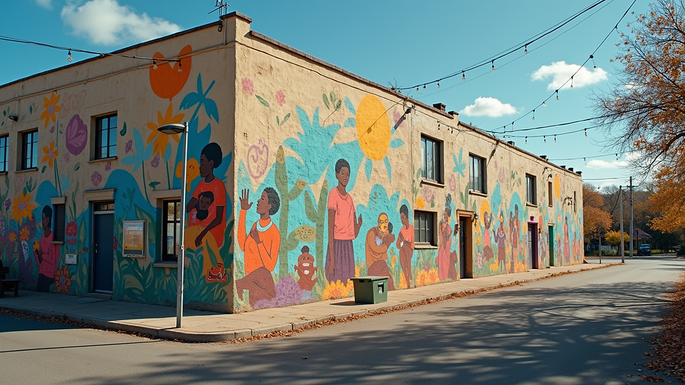 Wide angle view of community mural on a building side