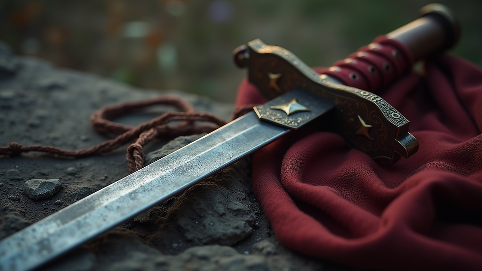 Close-up view of a wrapped sword resting on a wooden table