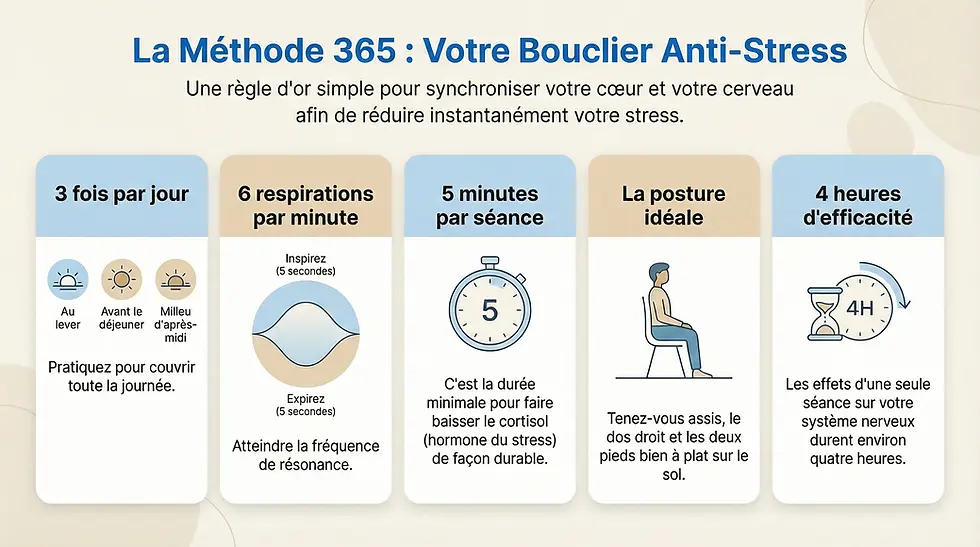 Infographie de la méthode 365 en cohérence cardiaque : 3 séances par jour, 6 respirations par minute, 5 minutes par séance, posture assise dos droit, avec environ 4 heures d’efficacité sur le stress.