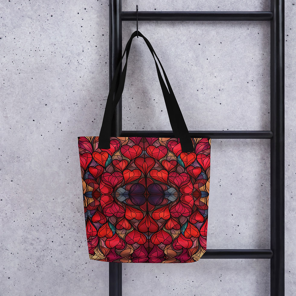 Thumbnail: Tote bag with a stained glass hearts pattern.