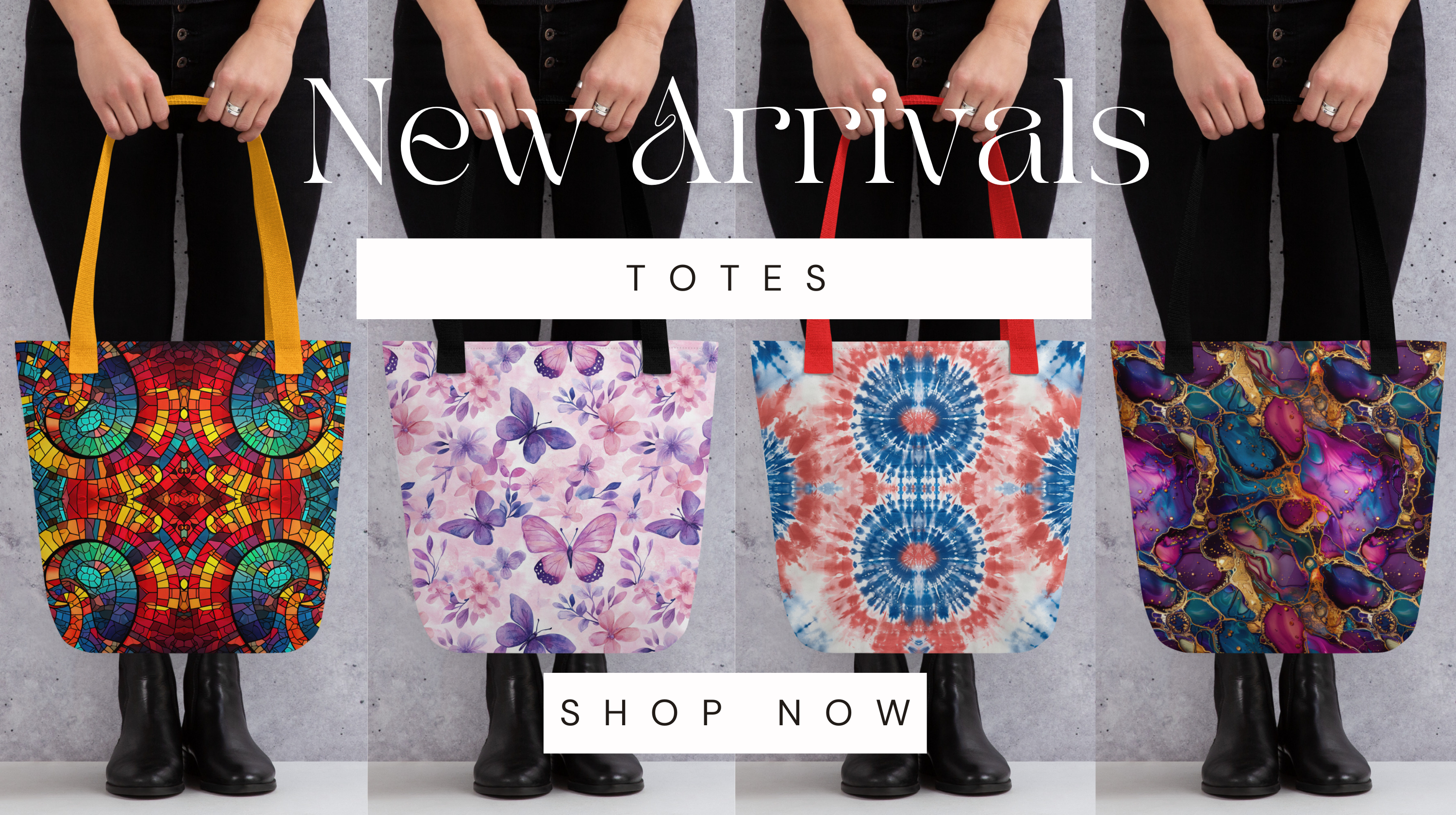Models holding totes with a variety of patterns saying to show now the new arrivals.
