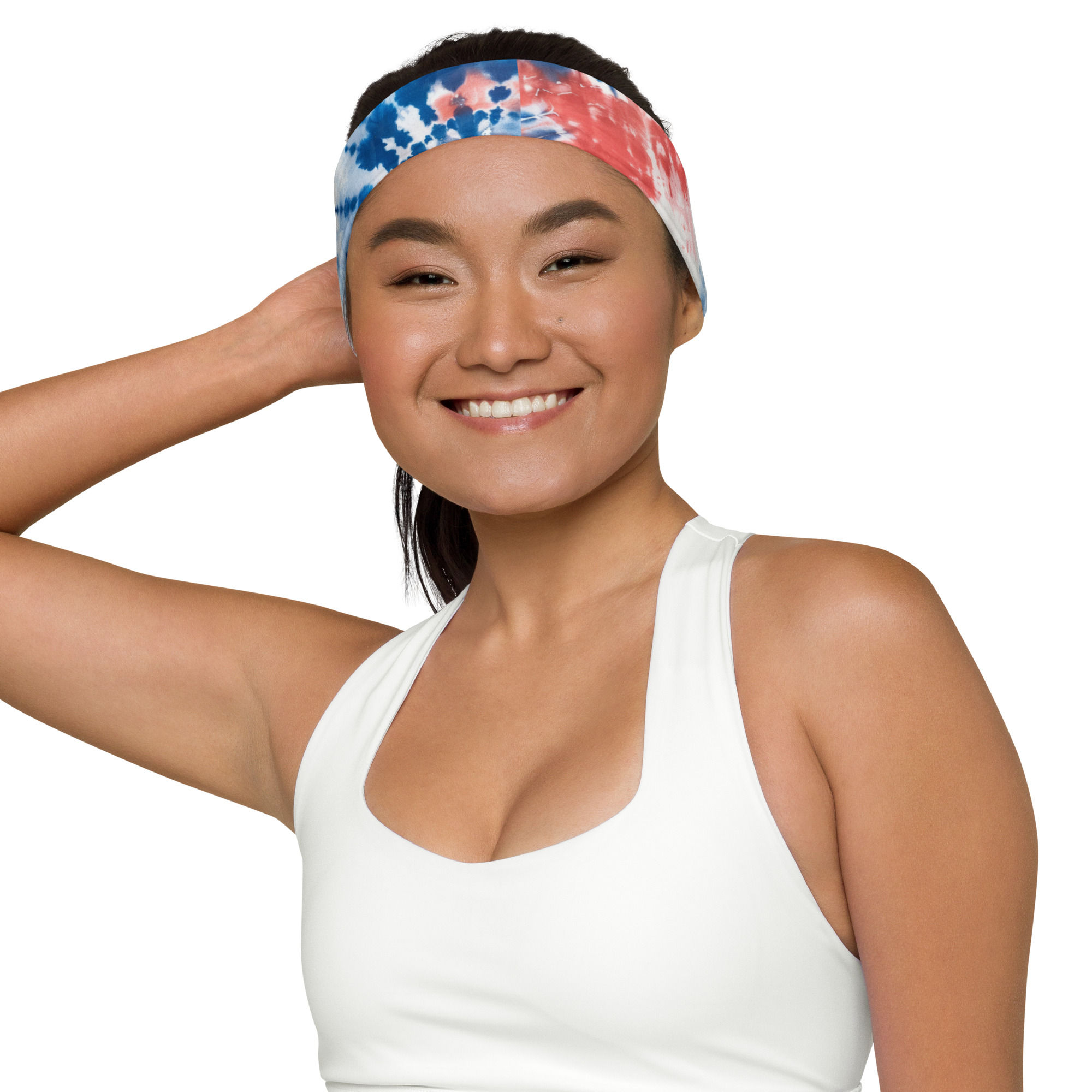 Model wearing a headband with an American tie-dye pattern of red, white, and blue.