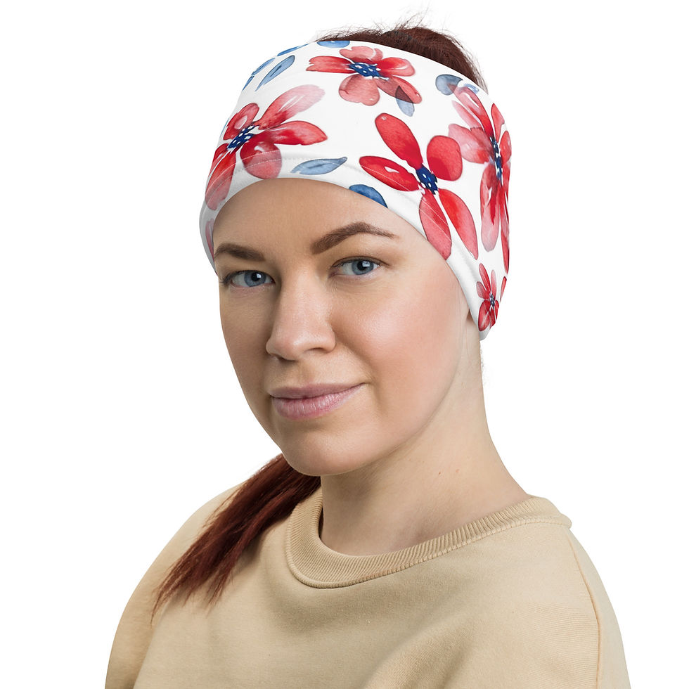 Thumbnail: Model wearing a neck gaiter with watercolor-style flowers in red, white, and blue.