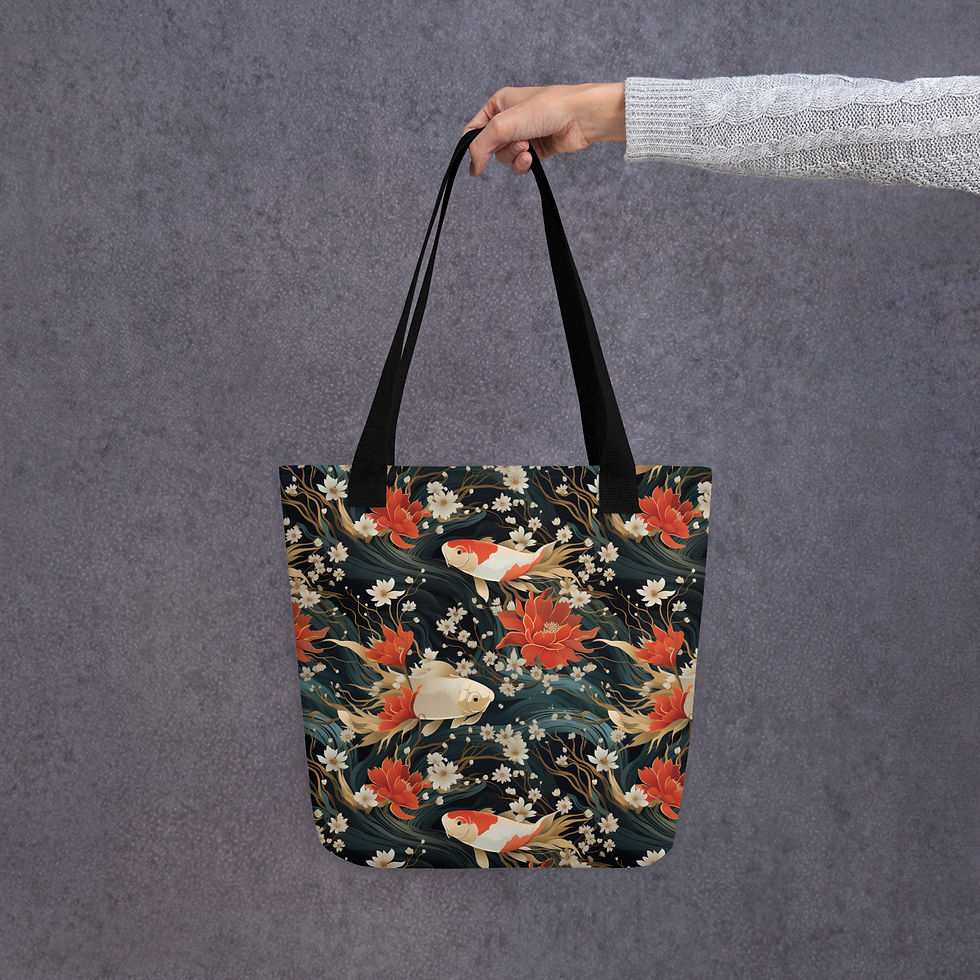 Thumbnail: Model holding tote bag with an Japanese-style koi and flowers pattern.