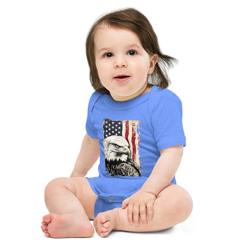 Model wearing Bella Canvas baby onesie with a graphic of an bald eagle and American flag.