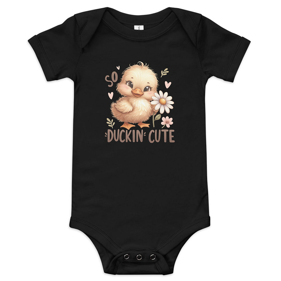 Bella Canvas baby onesie with graphic of a cartoon duck saying duckin cute.