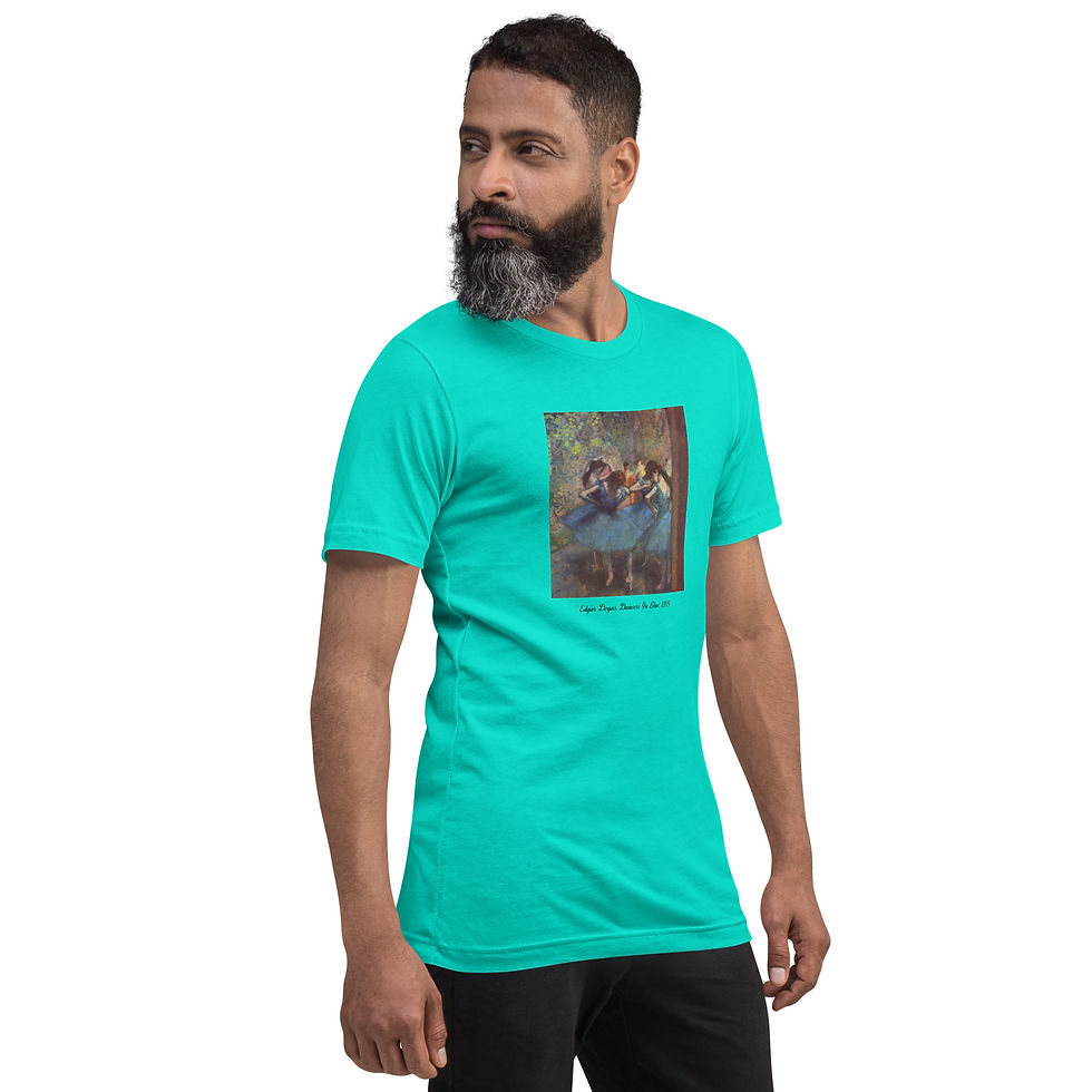 Thumbnail: Model wearing Bella Canvas t-shirt with graphic of dancers in blue by Degas.
