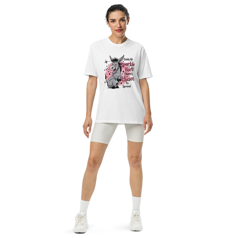 Thumbnail: Under Armour t-shirt with a graphic of a cartoon donkey saying giddy up sparkle farts, there's chaos to spread.