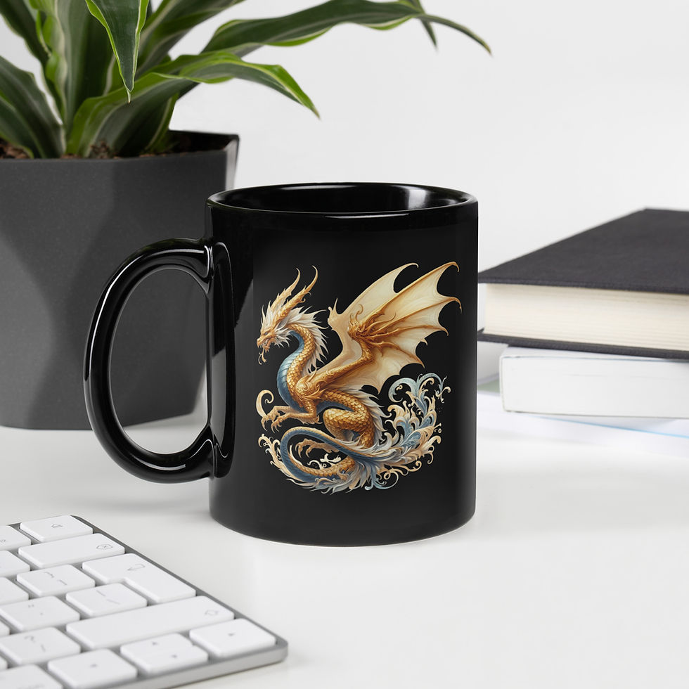 Thumbnail: Coffee mug with a graphic of a golden dragon.