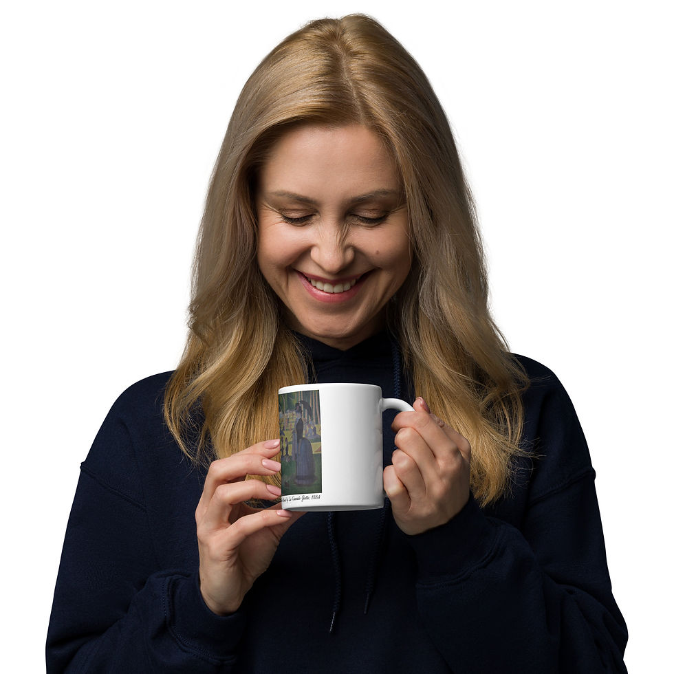 Thumbnail: Model holding coffee mug with graphic of a sunday afternoon on the island of la grande jatte by Seurat.