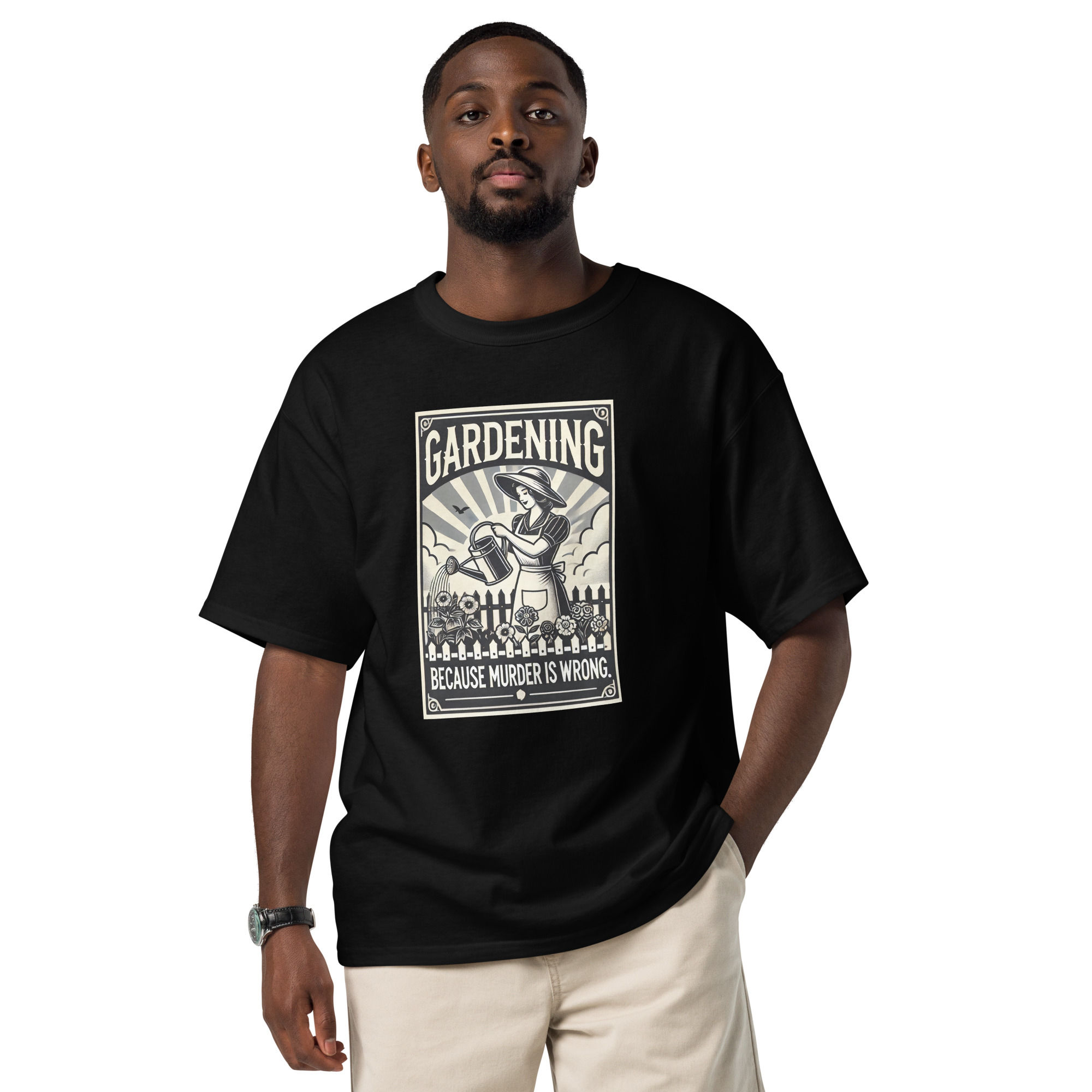 Model wearing Champion t-shirt with graphic of poster of woman gardening saying gardening because murder is wrong.