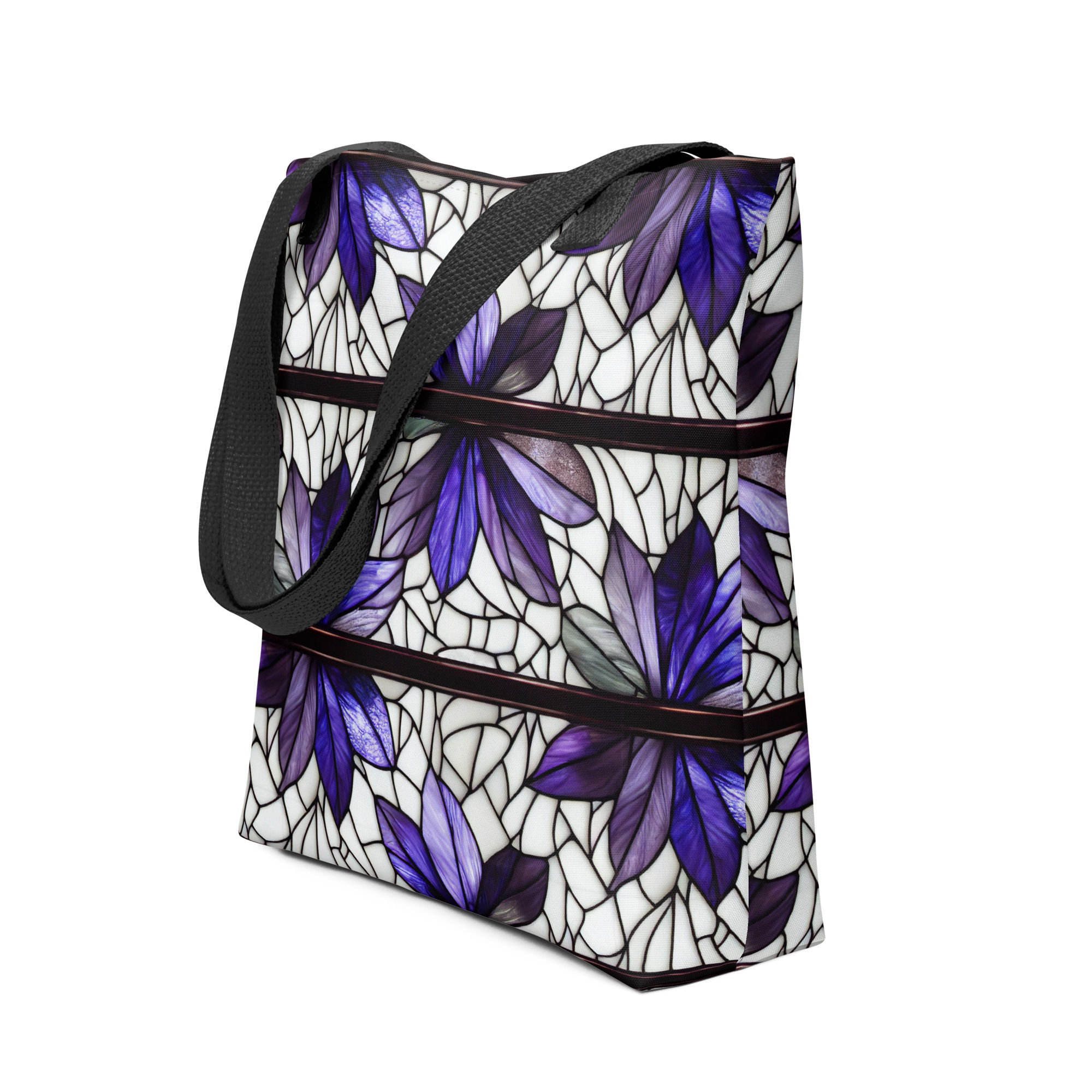 Tote bag with a stained glass purple flower pattern.