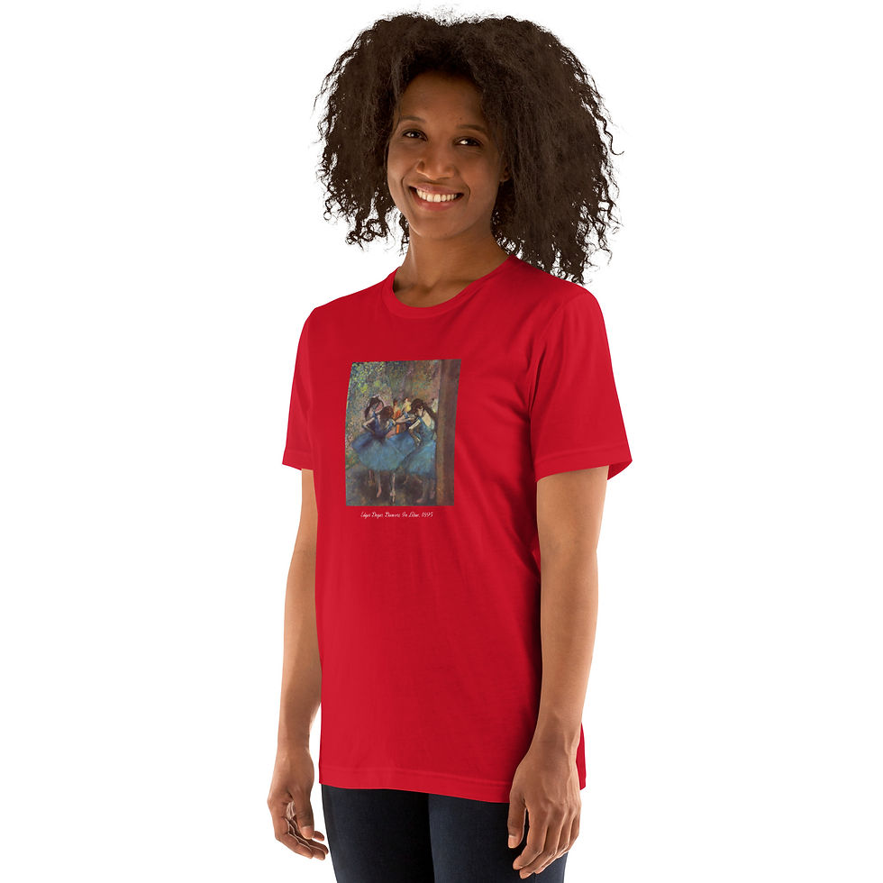 Thumbnail: Model wearing Bella Canvas t-shirt with graphic of dancers in blue by Degas.