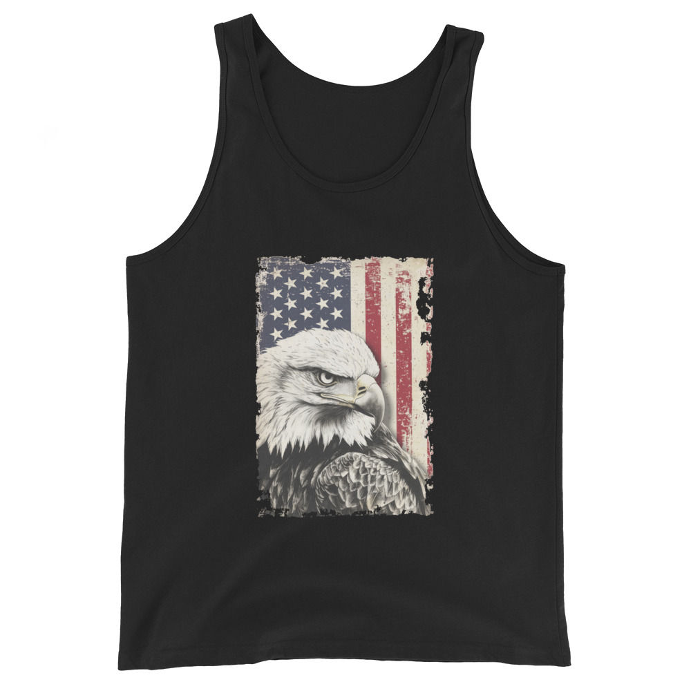 Bella Canvas tank top with a graphic of an bald eagle and American flag.