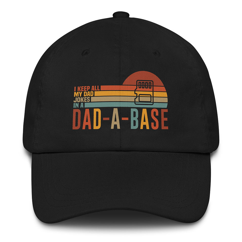 Yupoong dad hat with graphic saying i keep all my dad jokes in a dad-a-base.