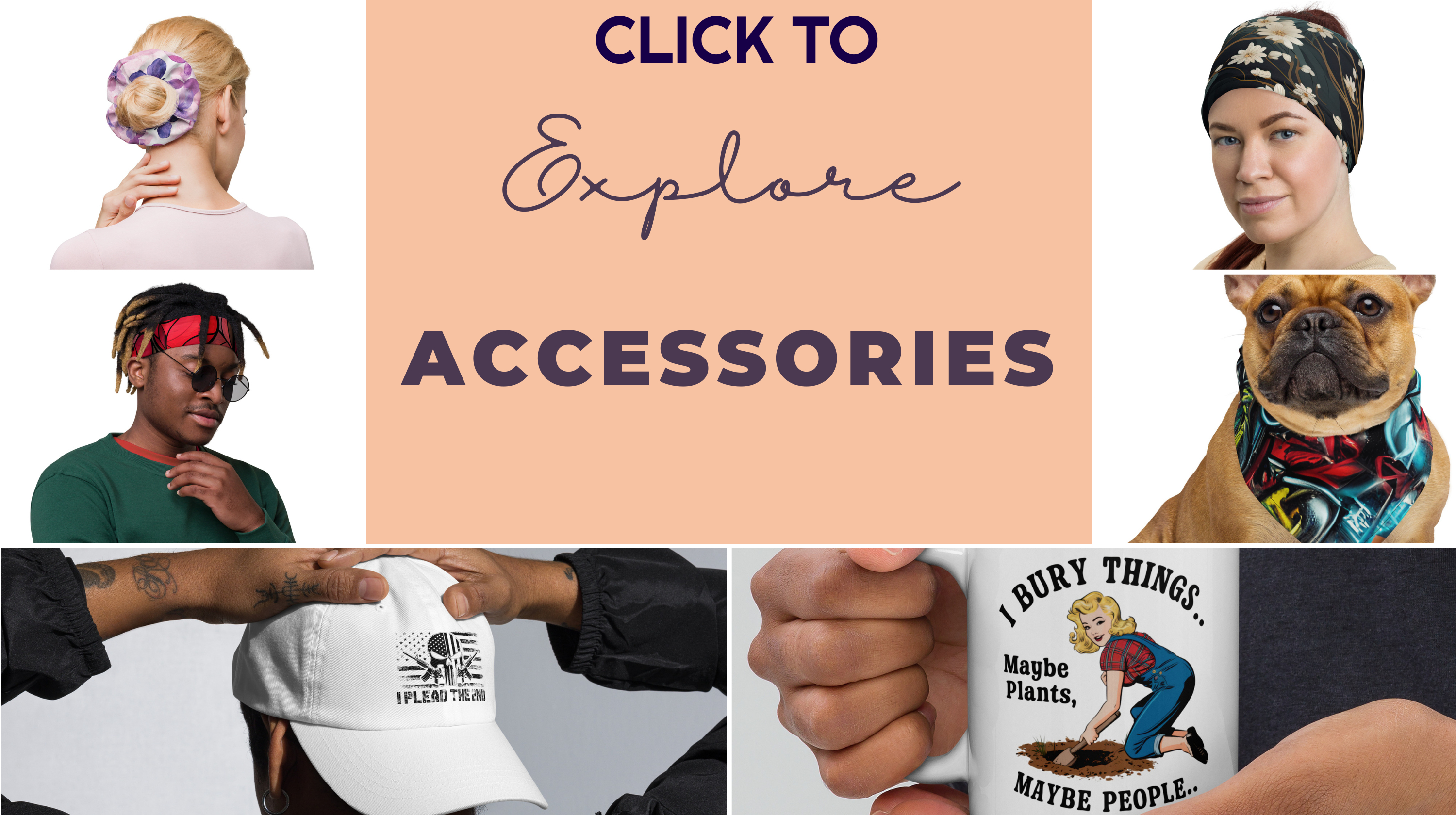 Models wearing a bandana, scrunchie, headband, neck gaiter, hat, and holding a coffee mug.