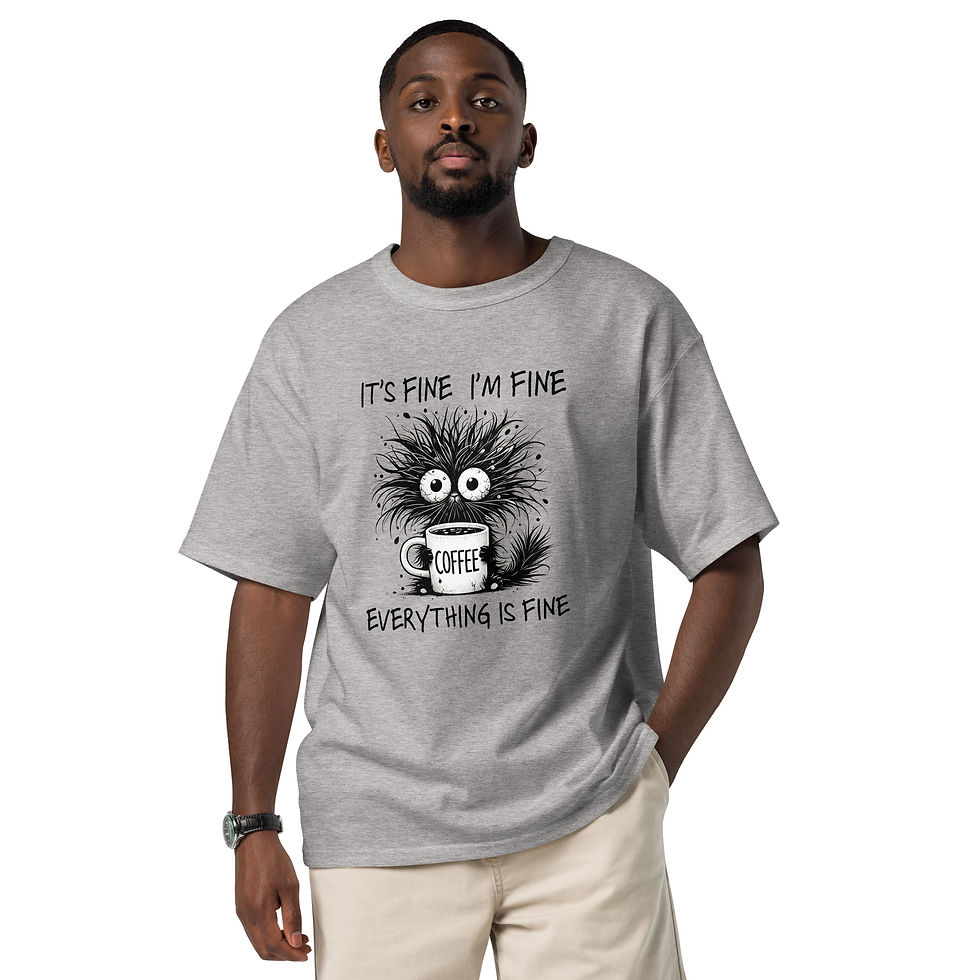 Model wearing Champion t-shirt with graphic of a cat with coffee saying it's fine, I'm fine, everything is fine.