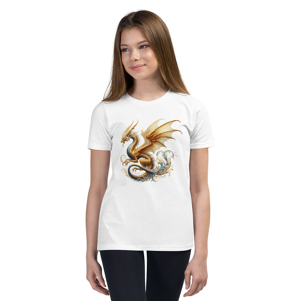 Thumbnail: Model wearing Bella Canvas youth t-shirt with graphic of a golden dragon.