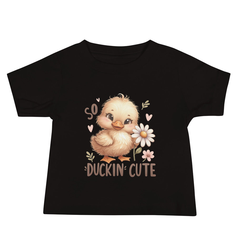 Bella Canvas baby t-shirt with graphic of a cartoon duck saying duckin cute.