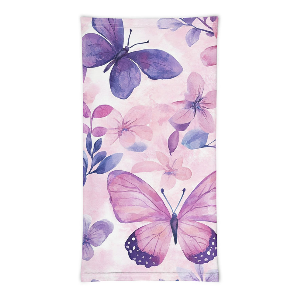 Neck gaiter with butterflies and flowers.