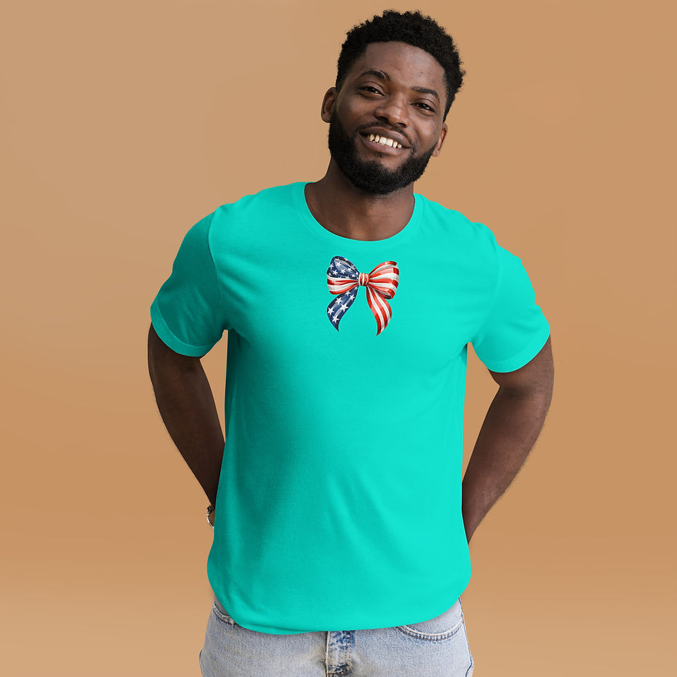 Thumbnail: Model wearing a Bella Canvas t-shirt with a design of an American flag bow.