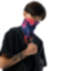 Modal wearing a bandana with a Hawaiian sunset pattern.