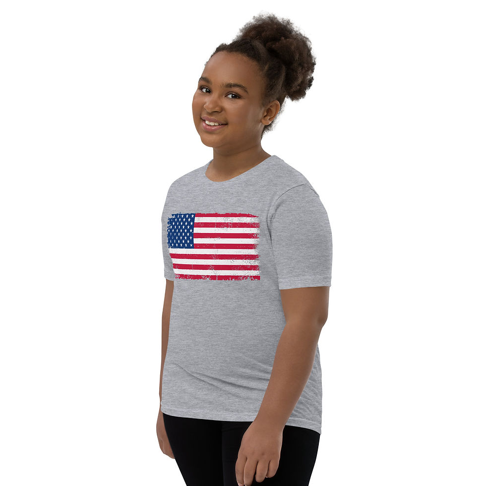 Thumbnail: Model wearing a Bella Canvas youth t-shirt with a grunge style American flag.