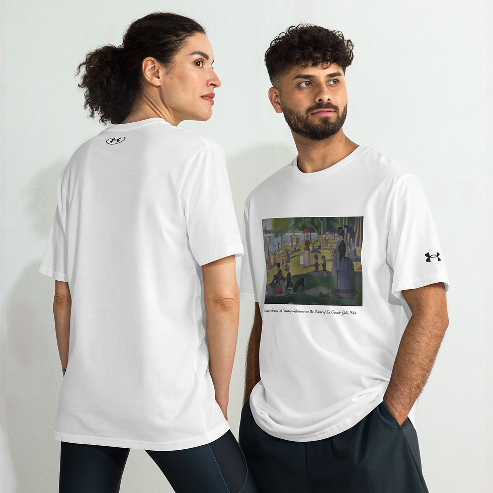Models wearing Under Armour t-shirts with graphic of a sunday afternoon on the island of la grande jatte by Seurat.