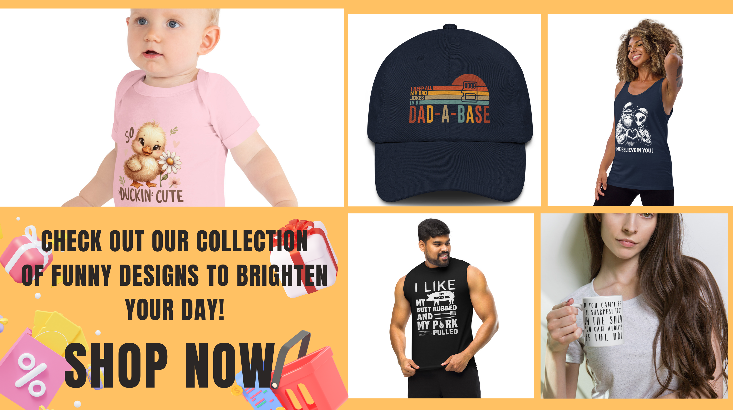 Models wearing baby onesie, tank top, muscle shirt, hat, and holding coffee mug.