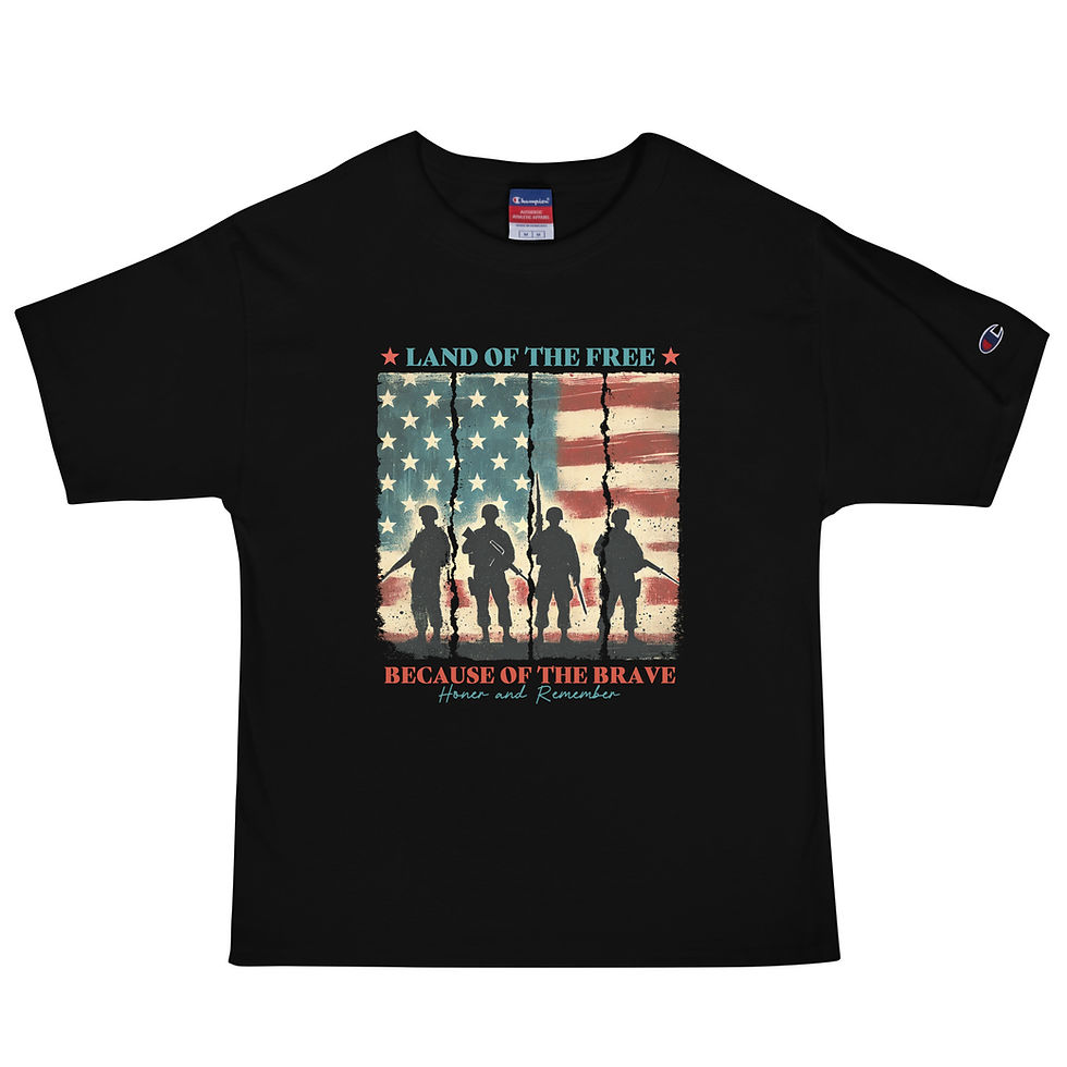 Champion t-shirt with a graphic of soldiers and American flag saying land of the free because of the brave.