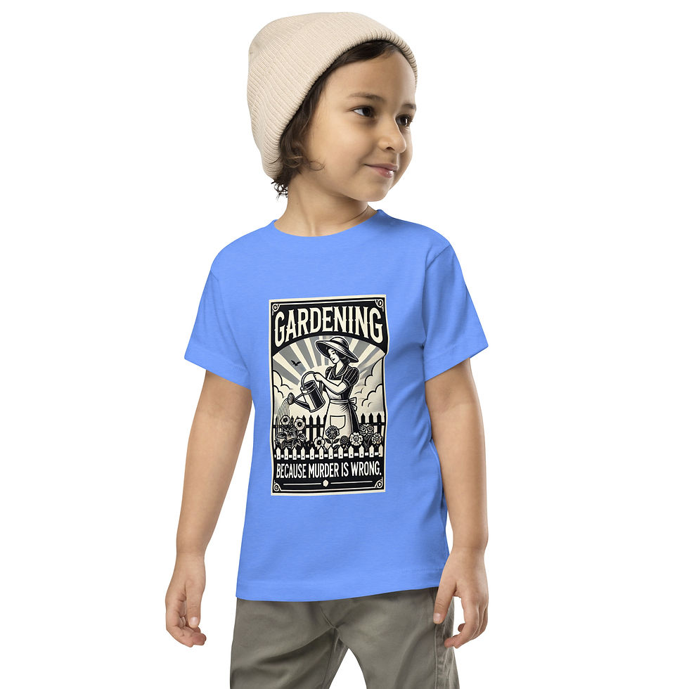 Model wearing Bella Canvas toddler t-shirt with graphic of poster of woman gardening saying gardening because murder is wrong