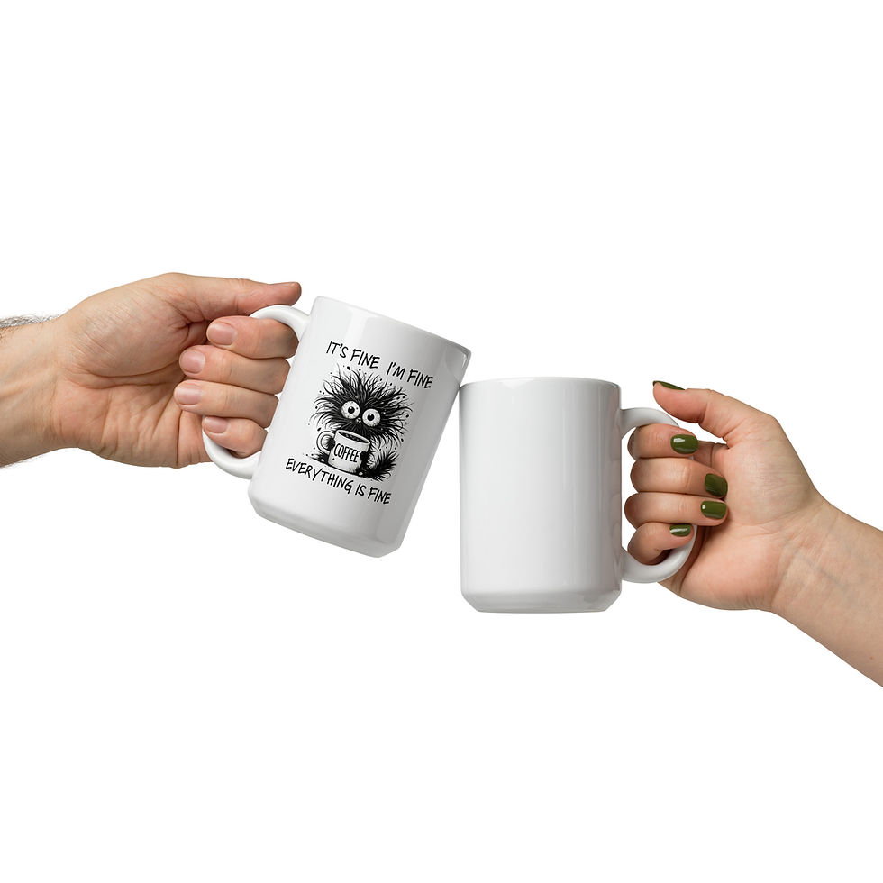 Thumbnail: Models holding coffee mugs with a graphic of a cat with coffee saying it's fine, I'm fine, everything is fine.