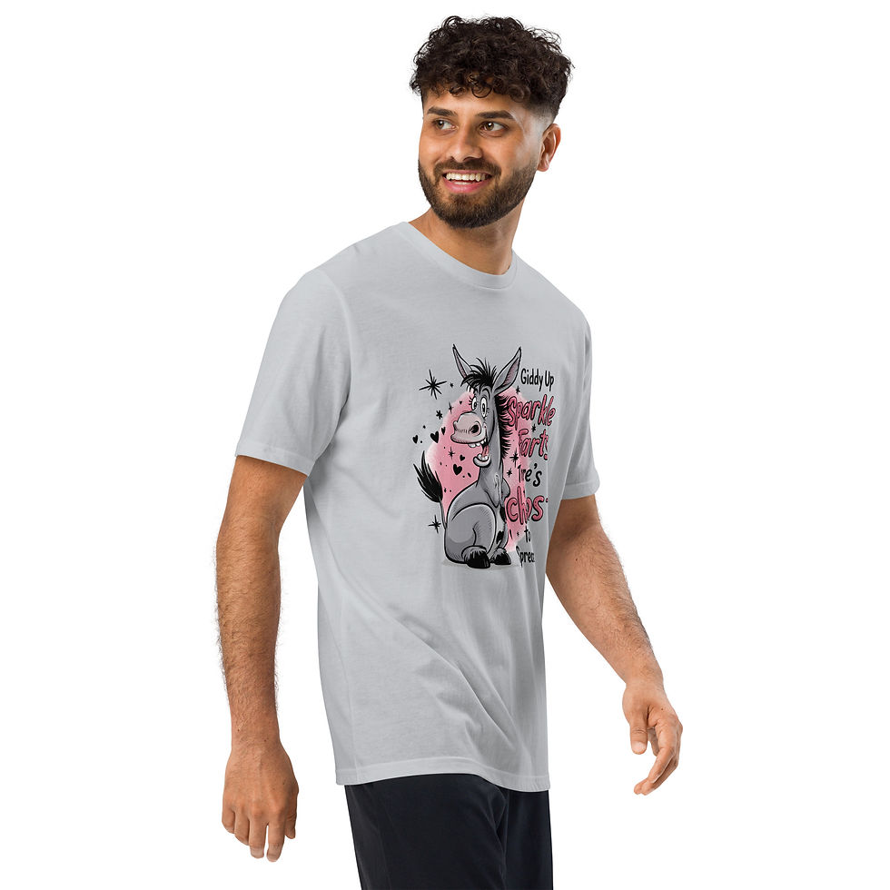 Thumbnail: Under Armour t-shirt with a graphic of a cartoon donkey saying giddy up sparkle farts, there's chaos to spread.