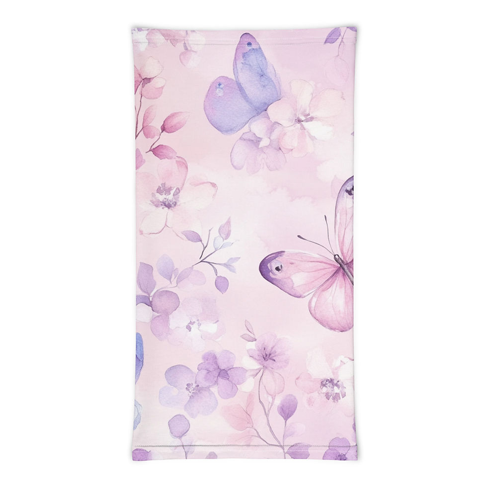 Neck gaiter with pastel butterflies and flowers.