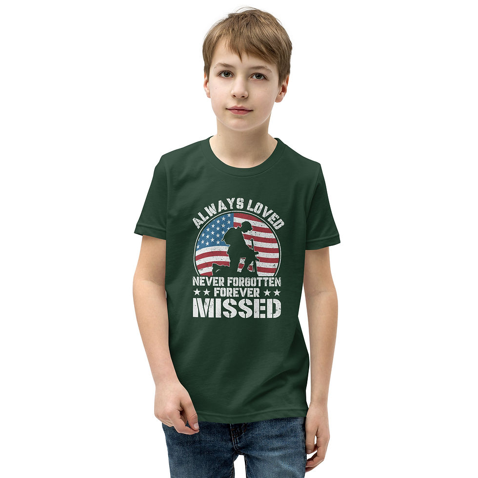 Thumbnail: Bella Canvas youth t-shirt with graphic of a soldier and American flag saying always loved, never forgotten, forever missed.