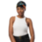 Model wearing a bandana with a Hawaiian-style blue sunset pattern.