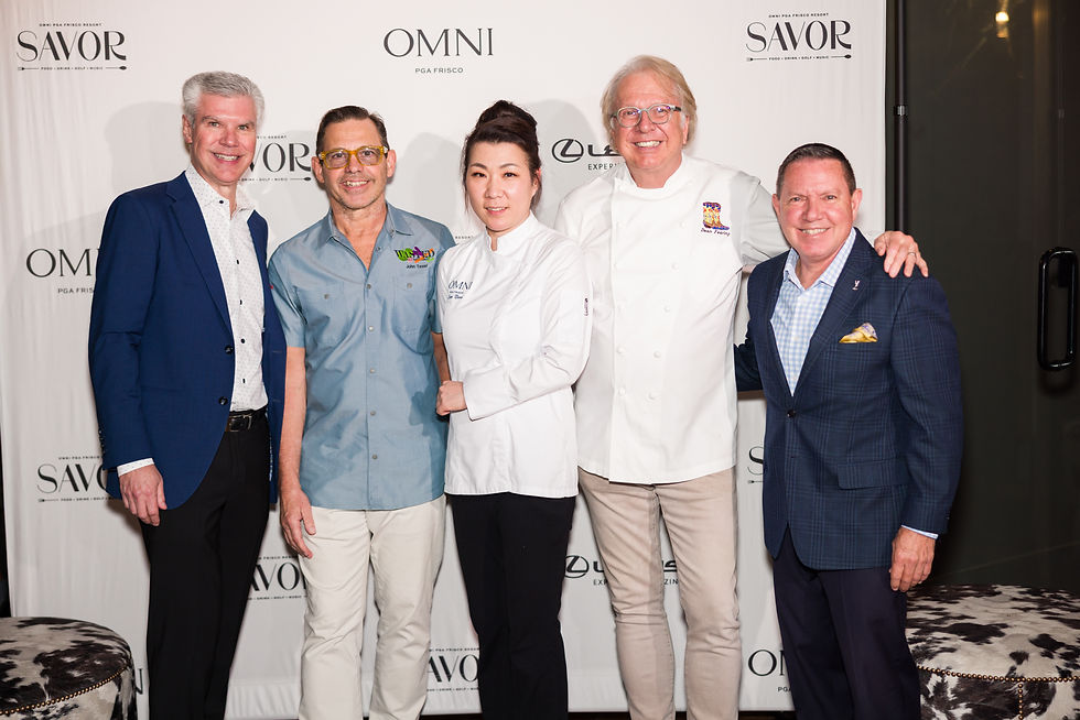 At the media preview, celebrity chefs Dean Fearing and John Tesar were joined by Omni PGA Frisco Resort Executive Pastry Chef Leen Kim Nunn, Jeff Smith (VP and Managing Director), the resort's chief excutive, and Gus Tejeda (Director of Sales and Marketing). Smith credited him with the concept for SAVOR and the hands on operations leadership. From left to right: Tejeda, Tesar, Nunn, Fearing, and Smith.
