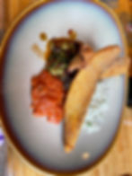 Cornmeal Fried Catfish, Butter Bean Hoppin’ John, Bacon, Greens, Tomato Gravy ($36)