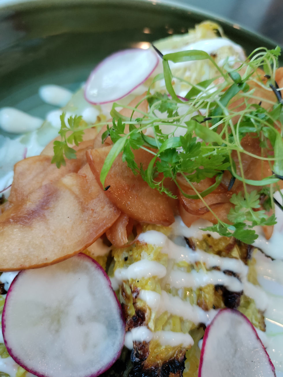 Grilled Cabbage with kimchi apples and aioli.