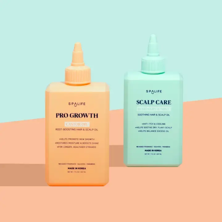 Orange PRO GROWTH and green SCALP CARE bottles