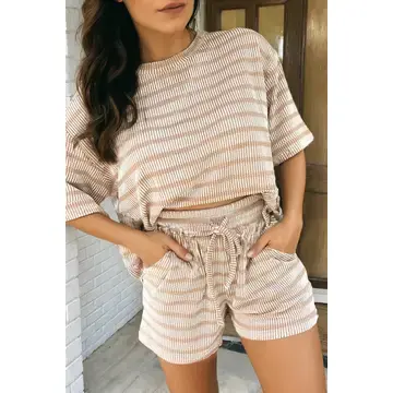 Las Stripe Raised Rib Tee Drawstring 2pcs Short Set