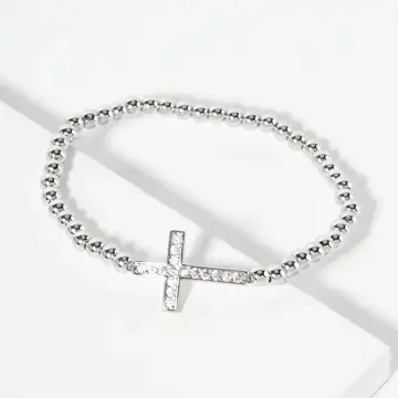 Thumbnail: Silver beaded bracelet with sparkling cross charm