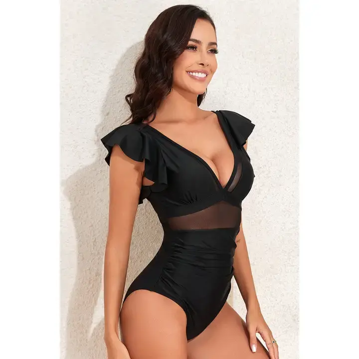 Deep V Neck Ruffle Color Block Lace Swimsuit